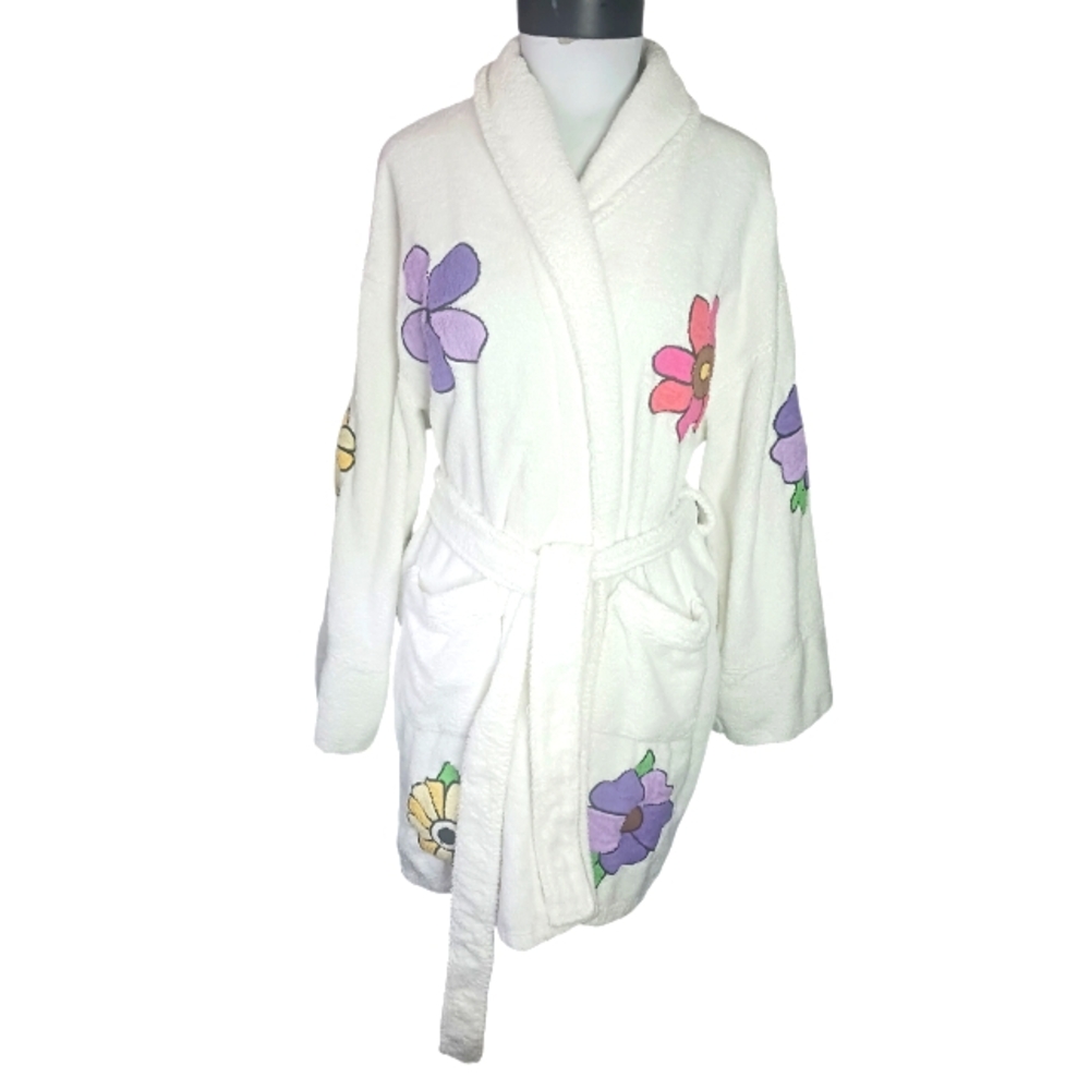 Agean Apparel Terrycloth Short Robe White Floral Embroidery 90s Y2K Vtg OSFM - Picture 2 of 11